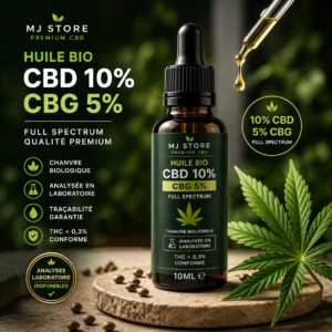 Huile CBD CBG bio 10% 5% MJ Store usage cosmétique massage qualité premium analysée en laboratoire