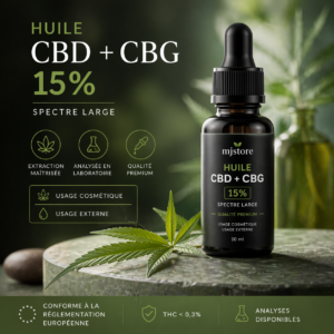 Huile CBD CBG 15% usage cosmétique massage qualité premium analyses laboratoire