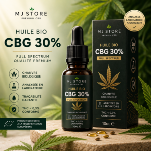 Huile CBG 30% bio MJ Store usage cosmétique massage qualité premium analysée en laboratoire
