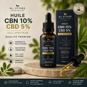 Huile CBN CBD bio 10% 5% MJ Store usage cosmétique application cutanée qualité premium analysée en laboratoire