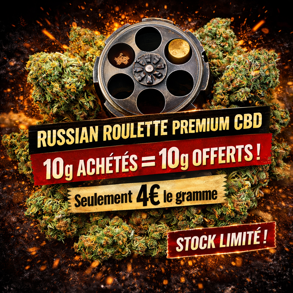 Russian Roulette Premium CBD fleur outdoor promotion 10g achetés 10g offerts