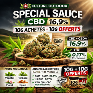 Special Sauce CBD Outdoor 16,9% fleur outdoor offre 10g achetés 10g offerts