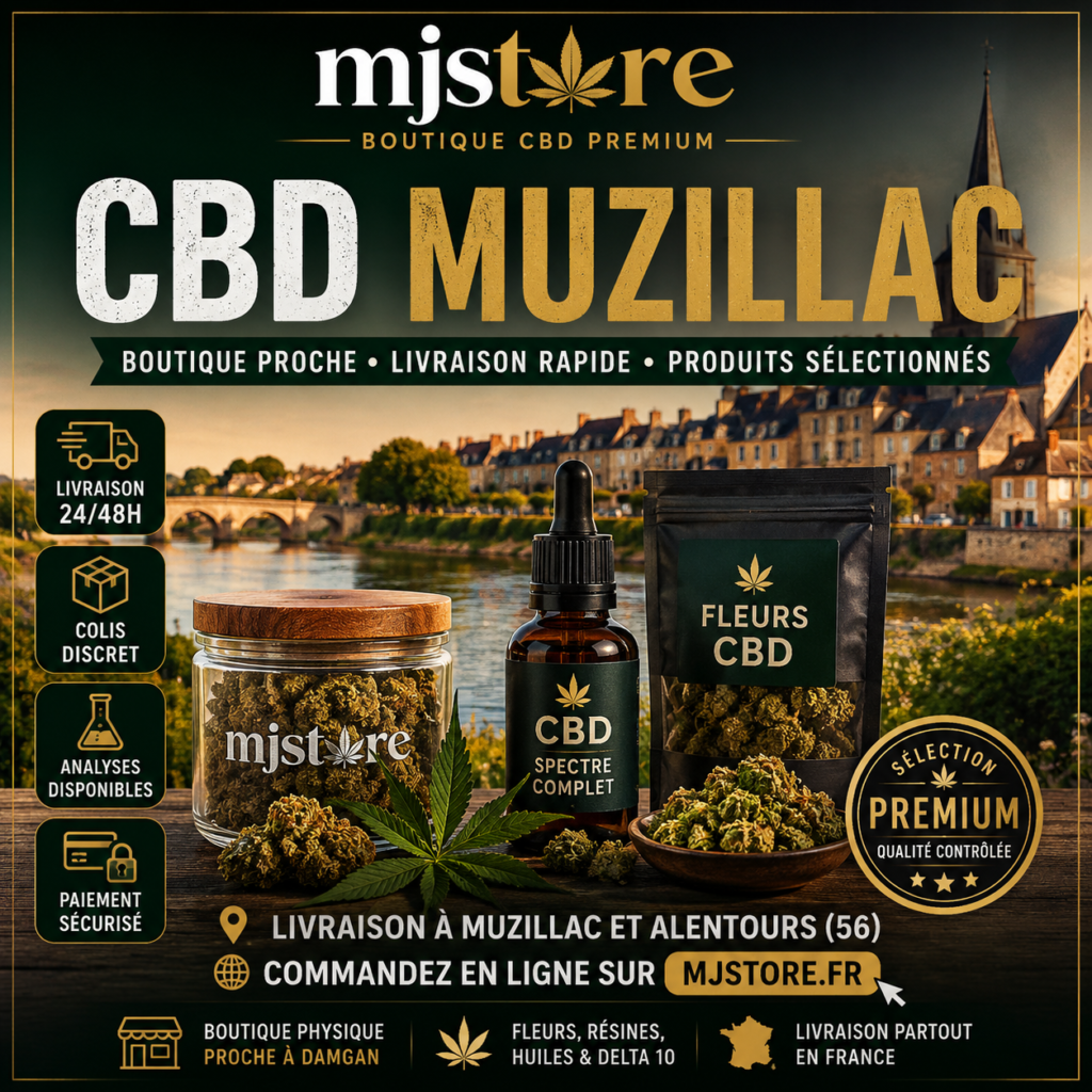 CBD Muzillac livraison rapide boutique MJ Store proche Damgan fleurs résines huiles et analyses disponibles