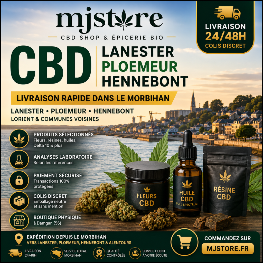 Livraison CBD Lanester Ploemeur Hennebont MJ Store Morbihan fleurs résines huiles D10 colis discret