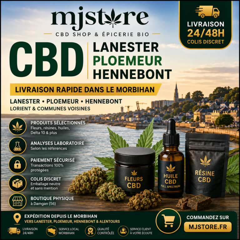 Livraison CBD Lanester Ploemeur Hennebont MJ Store Morbihan fleurs résines huiles Delta 10 colis discret