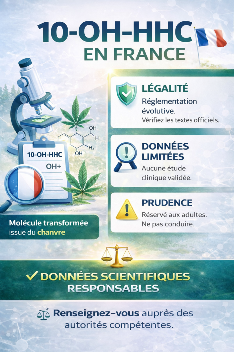 Infographie 10-OH-HHC en France expliquant définition, cadre légal et précautions d’usage