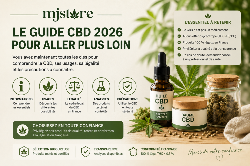 CBD bienfaits : choisir un produit avec analyses, transparence et précautions MJ Store