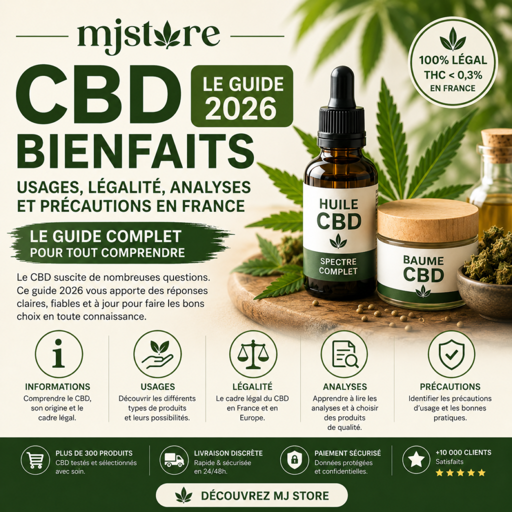 CBD bienfaits guide 2026 : usages, légalité, analyses et précautions MJ Store