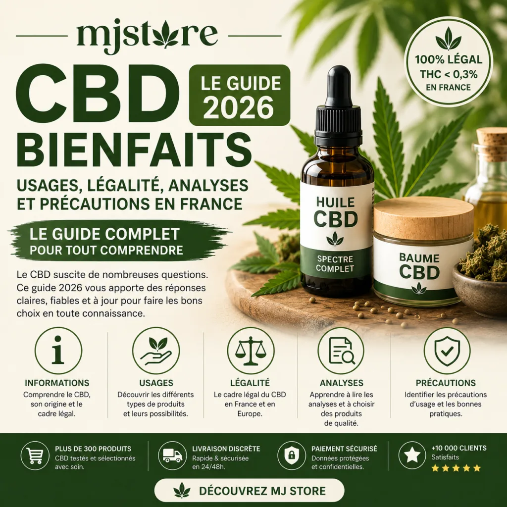 CBD bienfaits guide 2026 : usages, légalité, analyses et précautions MJ Store