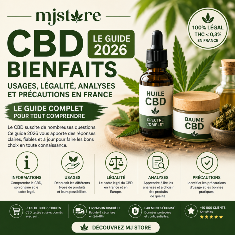 CBD bienfaits guide 2026 : usages, légalité, analyses et précautions MJ Store