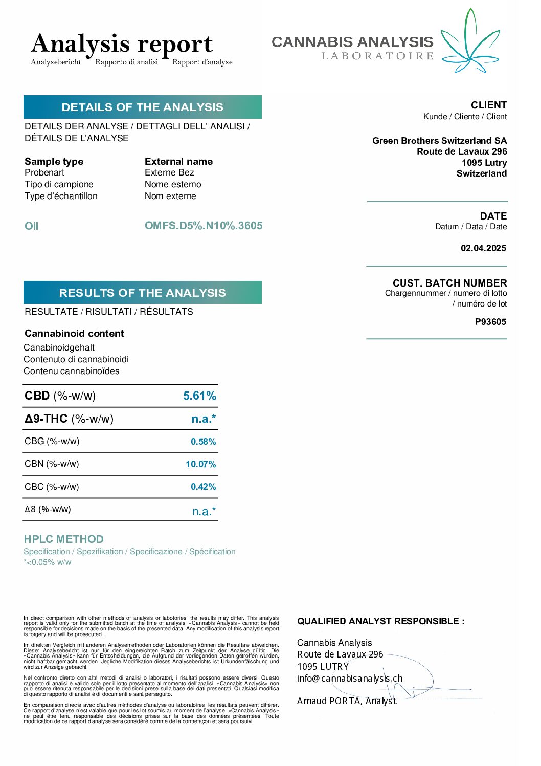 Certificat associé à l’huile CBN 10 % CBD 5 %