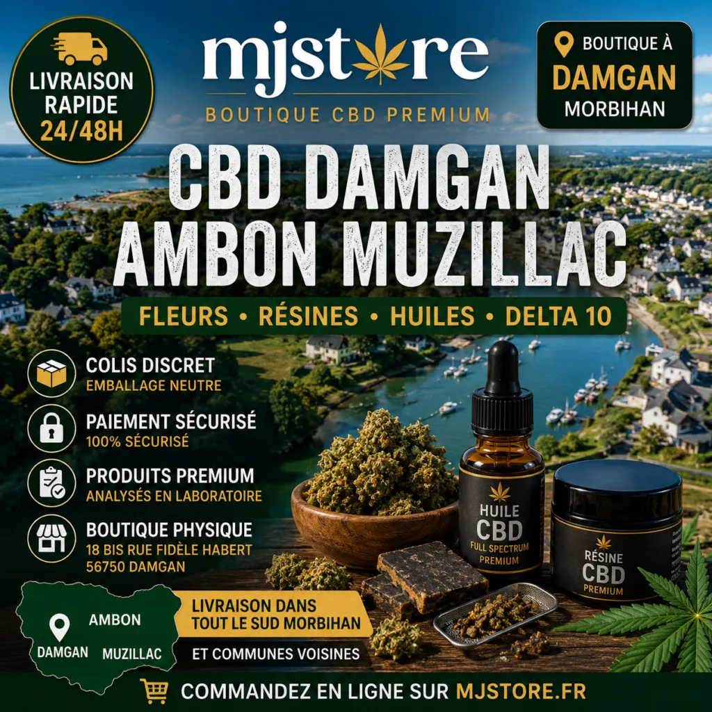 CBD Damgan Ambon Muzillac livraison rapide 24/48h avec MJ Store boutique CBD à Damgan colis discret