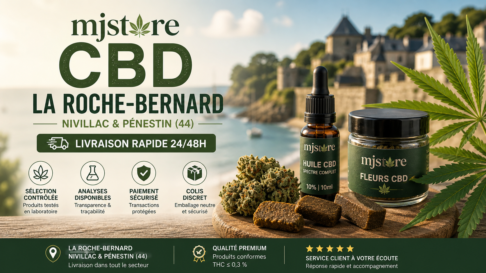 CBD La Roche-Bernard livraison rapide 24/48h à Nivillac et Pénestin avec MJ Store