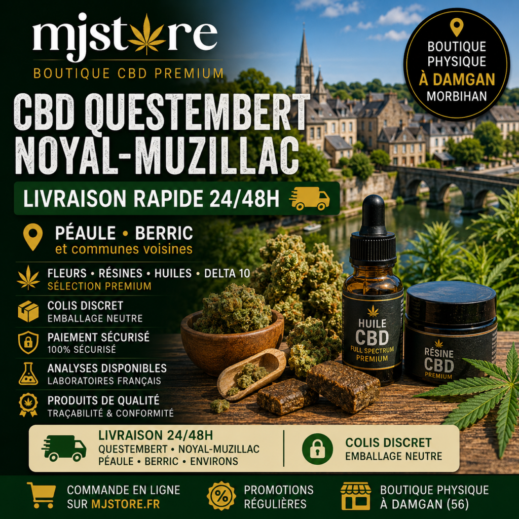 CBD Questembert Noyal-Muzillac livraison rapide 24/48h avec MJ Store boutique CBD à Damgan colis discret