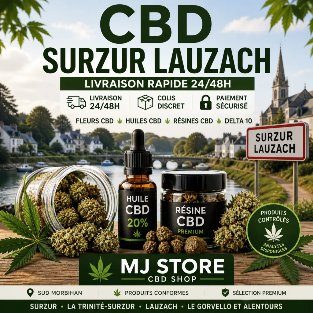 CBD Surzur Lauzach avec livraison 24/48h, fleurs, huiles, résines, Delta 10 et sélection contrôlée MJ Store
