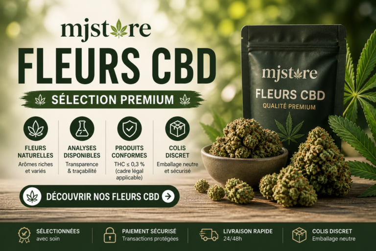 Fleurs CBD MJ Store avec sélection premium, analyses disponibles, paiement sécurisé et livraison rapide