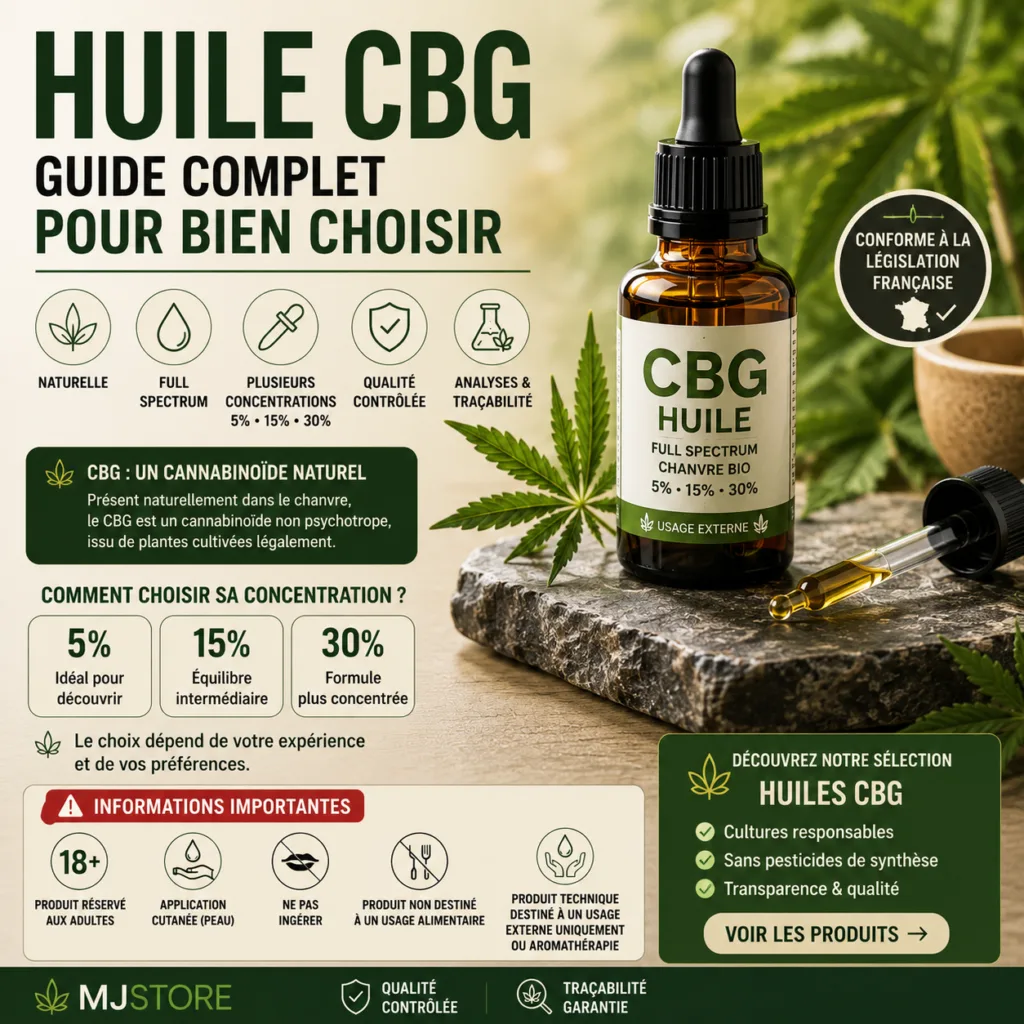 Huile CBG : guide pour bien choisir, usage externe et précautions MJ Store