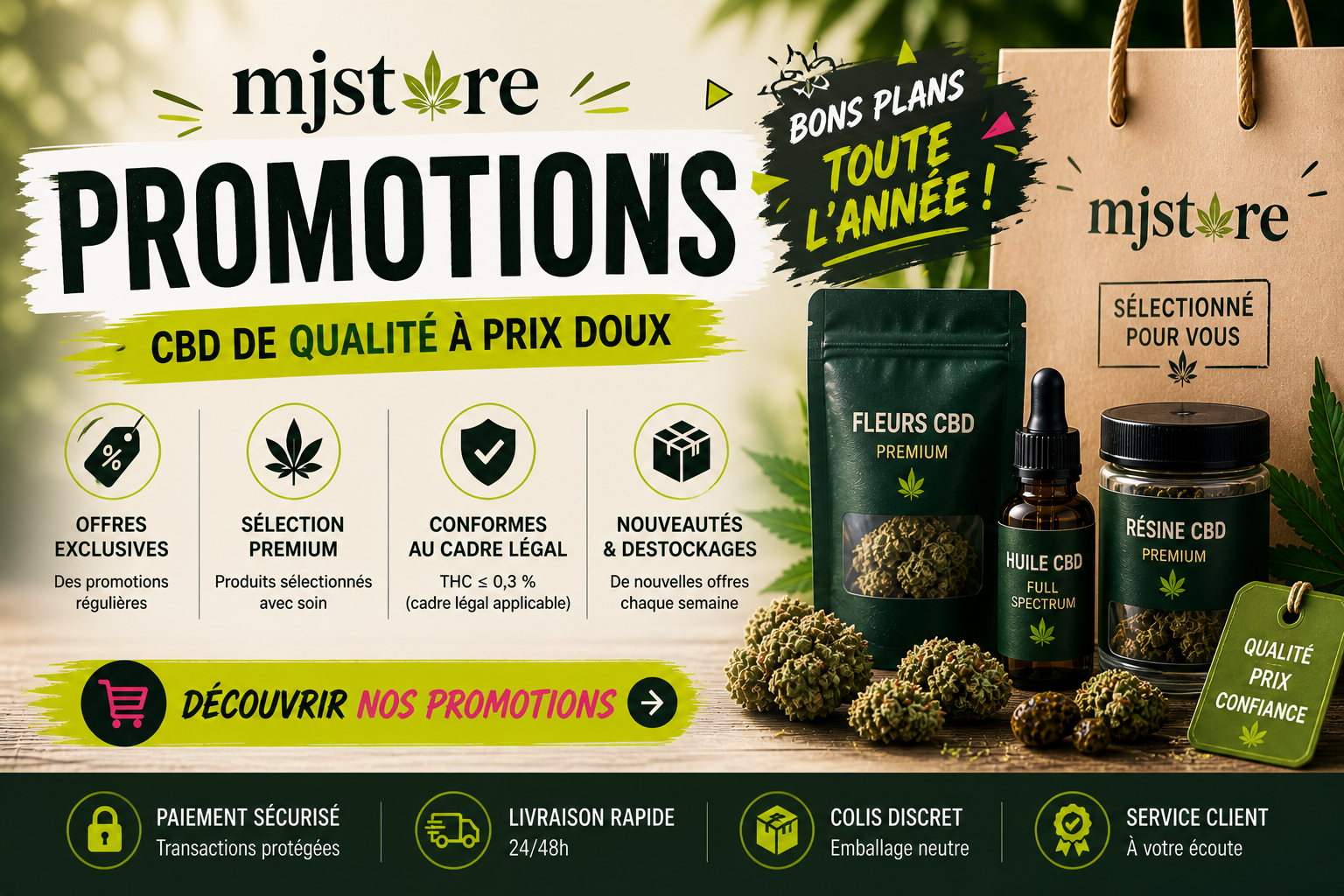 Promotions CBD MJ Store avec sélection premium bons plans paiement sécurisé et livraison rapide
