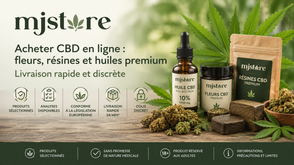 Acheter CBD en ligne fleurs résines et huiles premium MJ Store avec analyses disponibles et livraison rapide