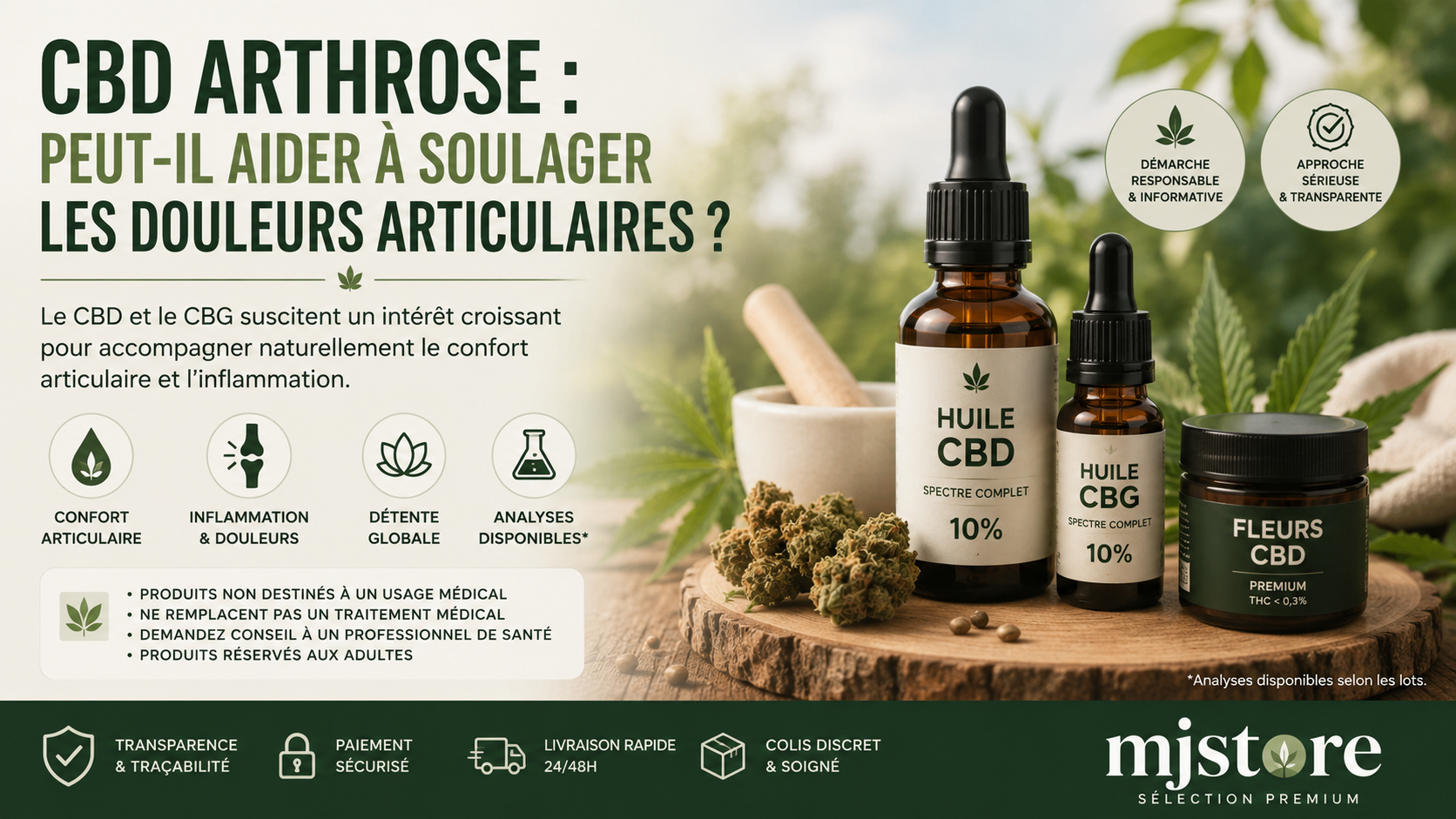 CBD arthrose : informations, précautions et confort articulaire MJ Store