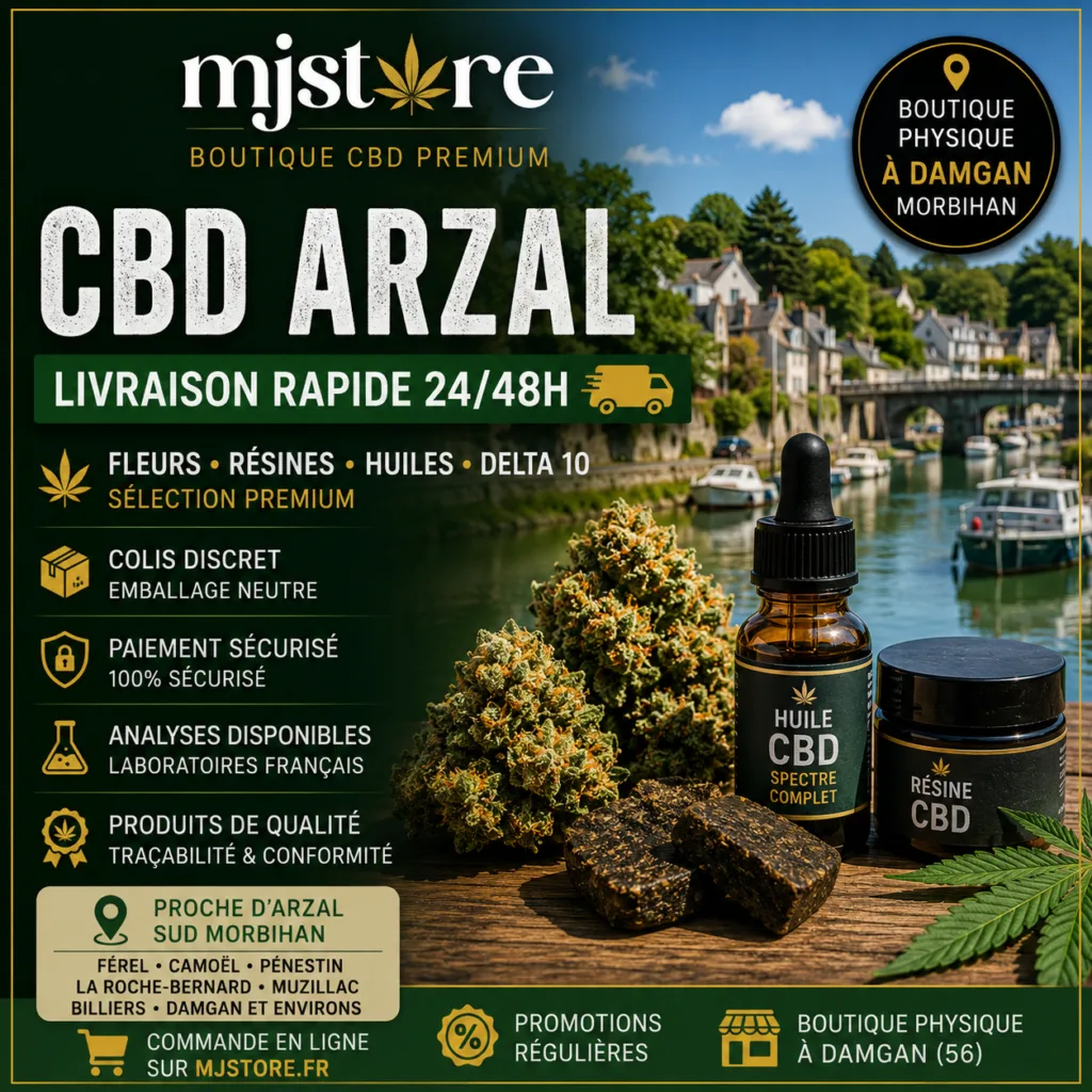 CBD Arzal livraison rapide 24/48h avec MJ Store boutique CBD proche à Damgan colis discret