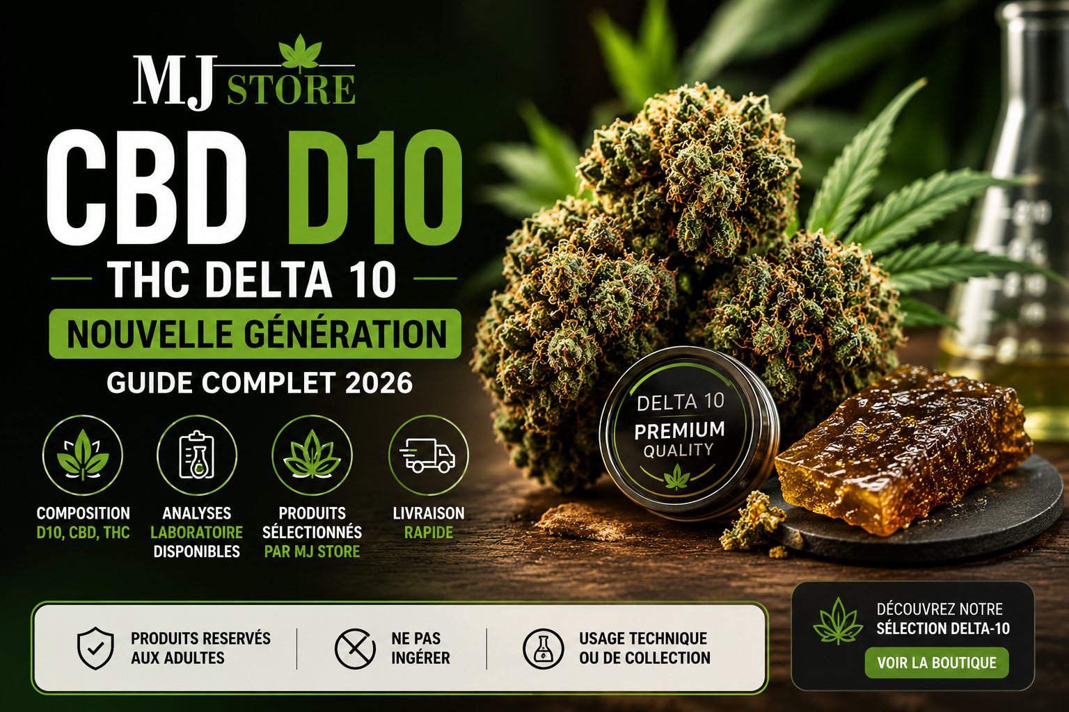 CBD D10 THC Delta 10 sélection fleurs et résines avec analyses laboratoire MJ Store