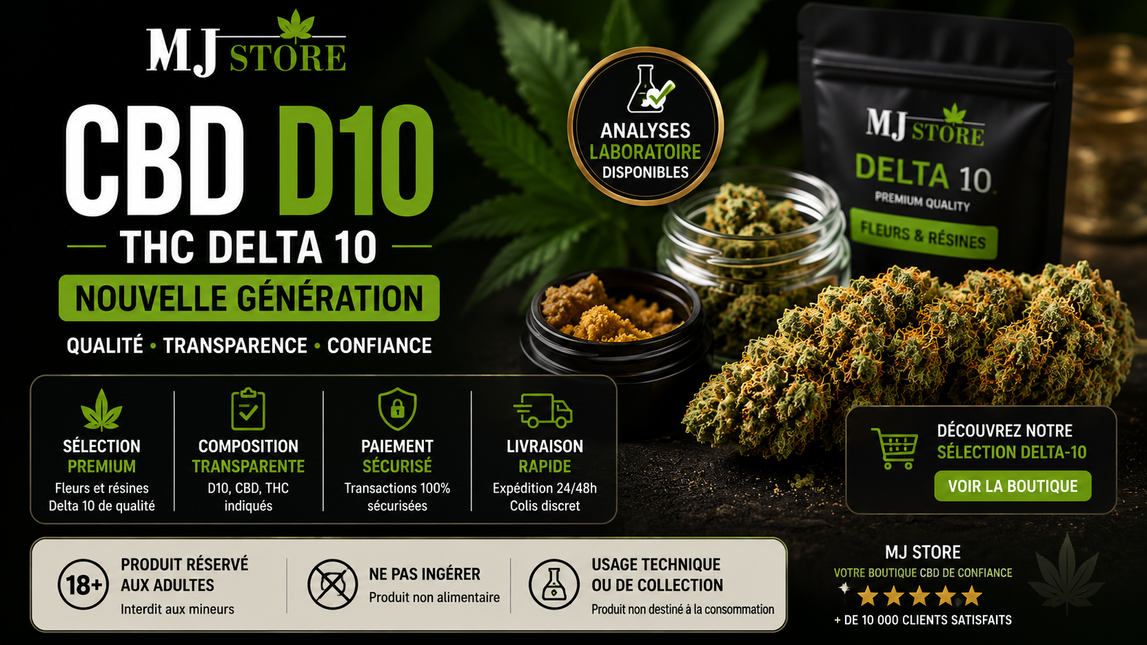 CBD D10 THC Delta 10 sélection premium fleurs et résines avec analyses laboratoire MJ Store