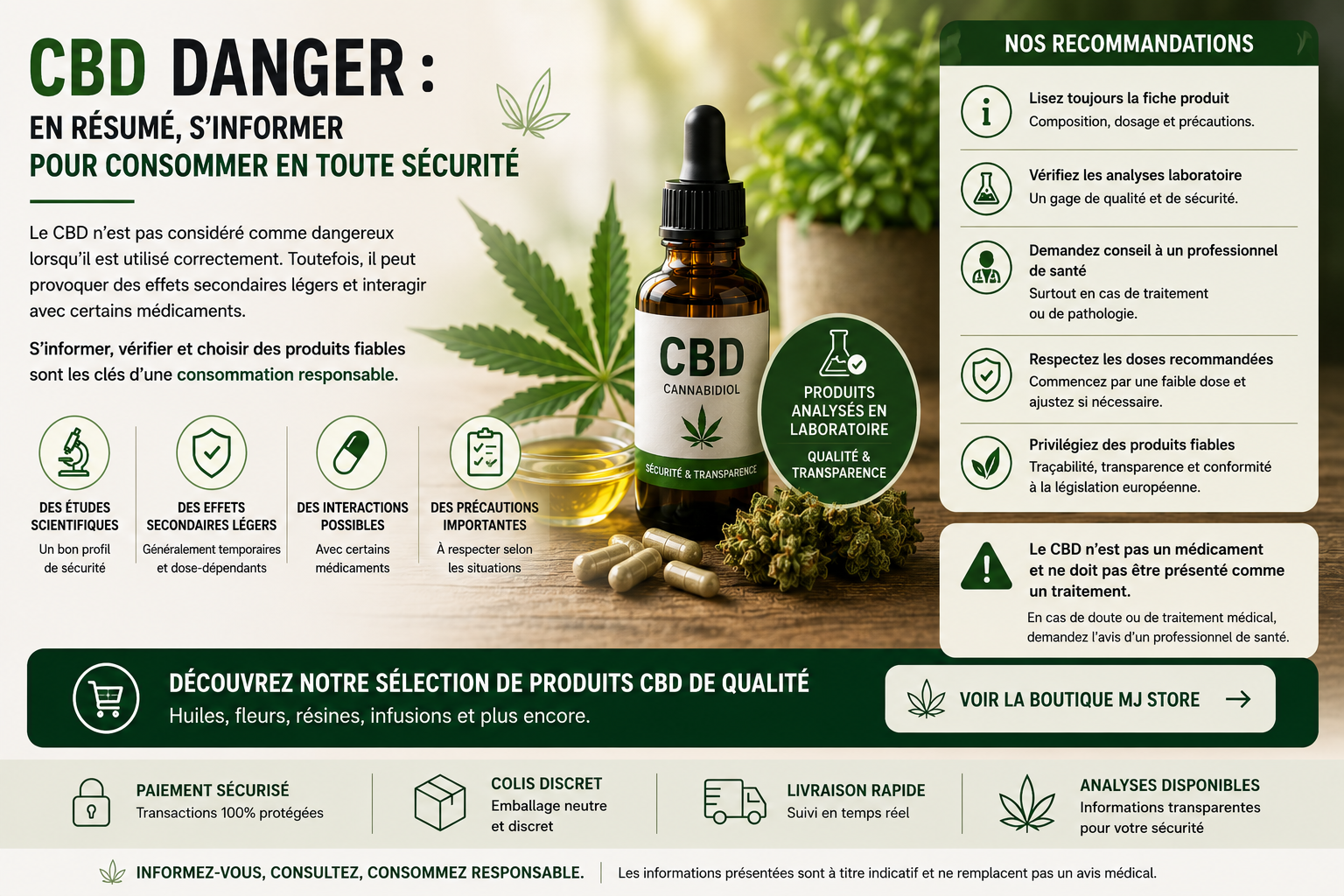 CBD danger précautions avant achat produits analysés et informations transparentes MJ Store