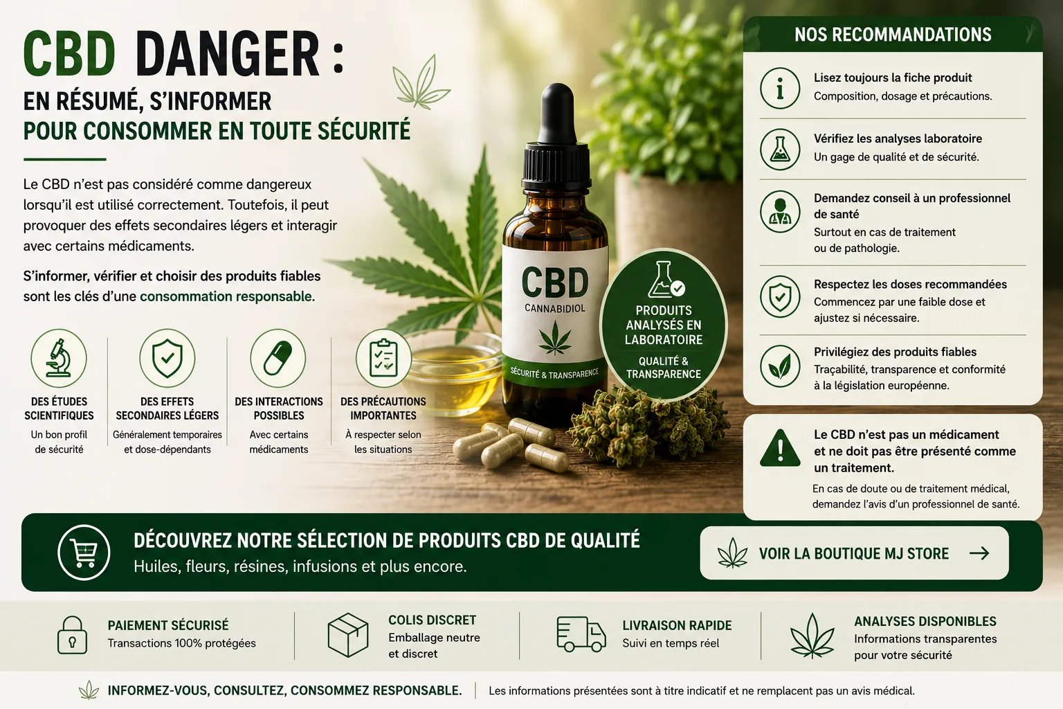 CBD danger précautions avant achat produits analysés et informations transparentes MJ Store
