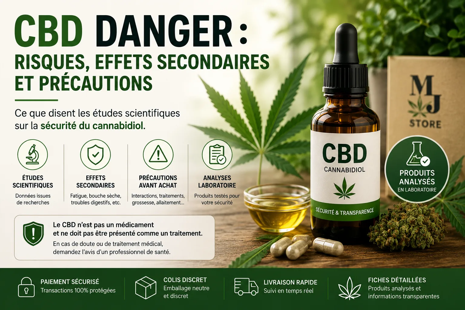 CBD danger risques effets secondaires précautions et analyses laboratoire MJ Store