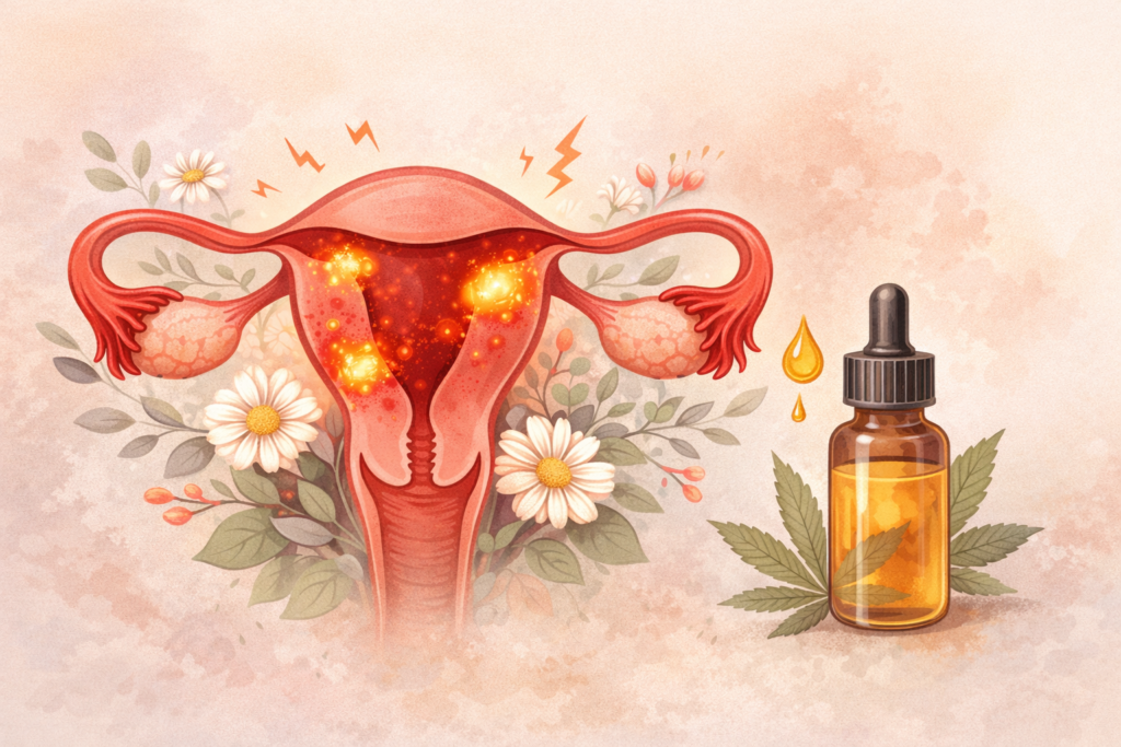 Illustration endométriose avec inflammation de l’utérus et huile de CBD utilisée pour accompagner la gestion des douleurs
