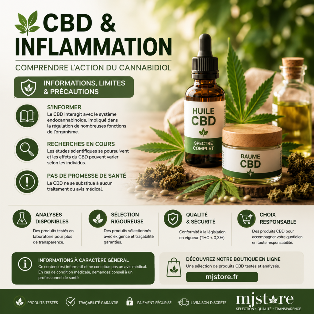 CBD inflammation : informations, limites scientifiques et précautions sans promesse santé MJ Store