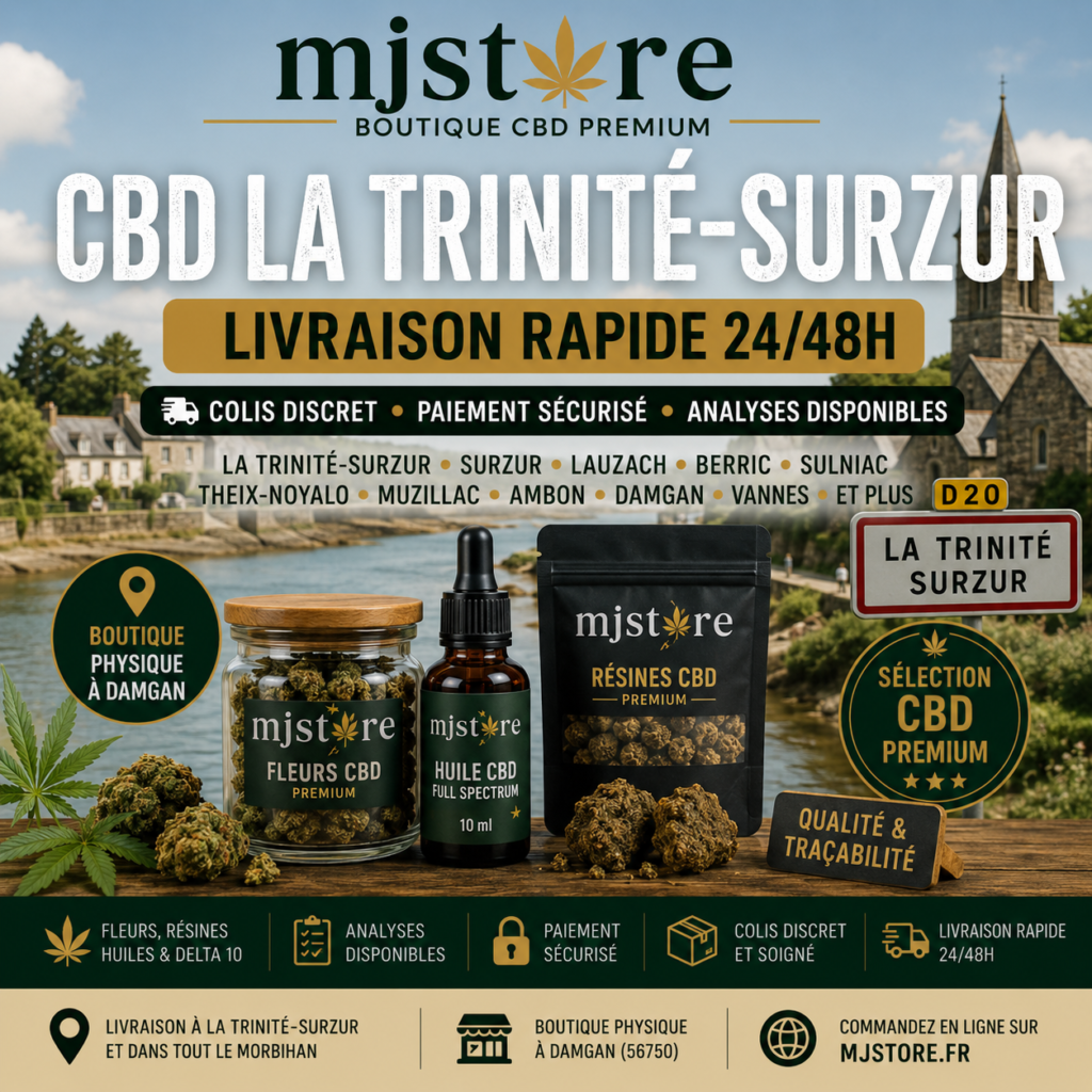 CBD La Trinité-Surzur livraison rapide MJ Store boutique proche Damgan fleurs résines huiles Delta 10 et analyses disponibles