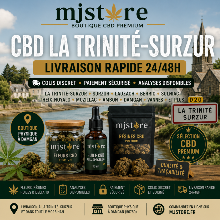 CBD La Trinité-Surzur livraison rapide MJ Store boutique proche Damgan fleurs résines huiles Delta 10 et analyses disponibles