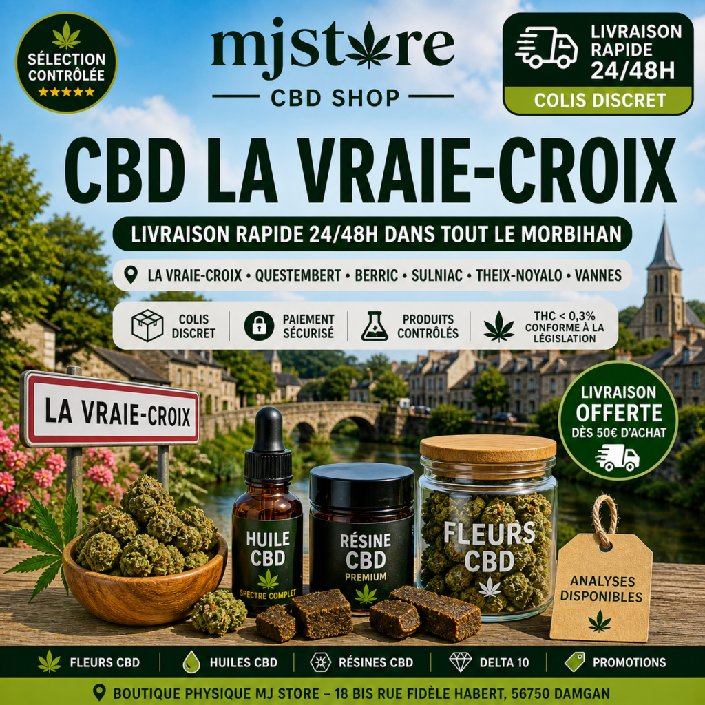 CBD La Vraie-Croix avec livraison rapide dans le Morbihan, fleurs, huiles, résines, Delta 10 et sélection contrôlée MJ Store