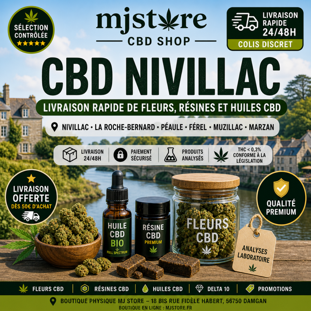 CBD Nivillac livraison rapide 24 48h fleurs résines huiles CBD MJ Store