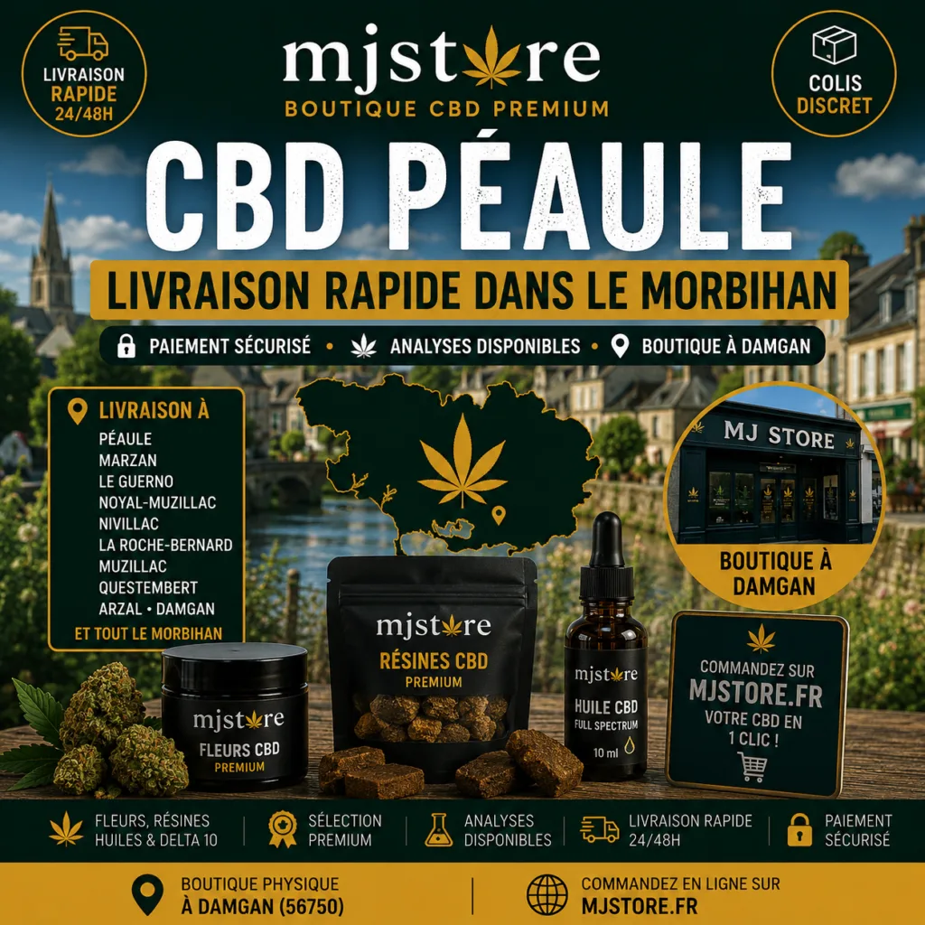 CBD Péaule livraison rapide MJ Store boutique proche Damgan fleurs résines huiles Delta 10 et analyses disponibles