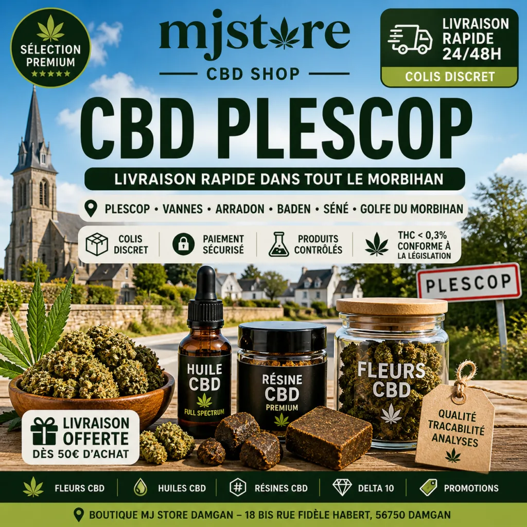 CBD Plescop avec livraison rapide dans le Morbihan, fleurs, huiles, résines, Delta 10 et sélection contrôlée MJ Store