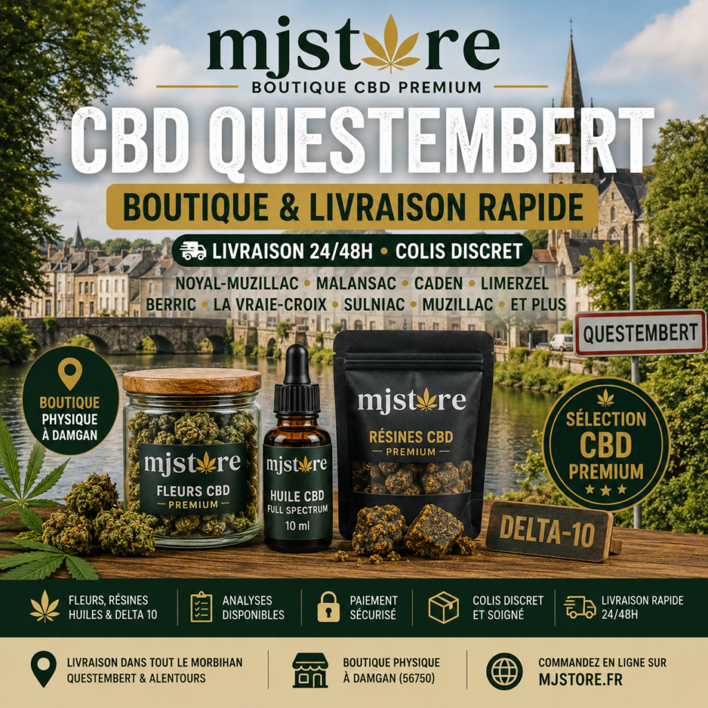CBD Questembert livraison rapide MJ Store boutique proche Damgan fleurs résines huiles Delta 10 et analyses disponibles