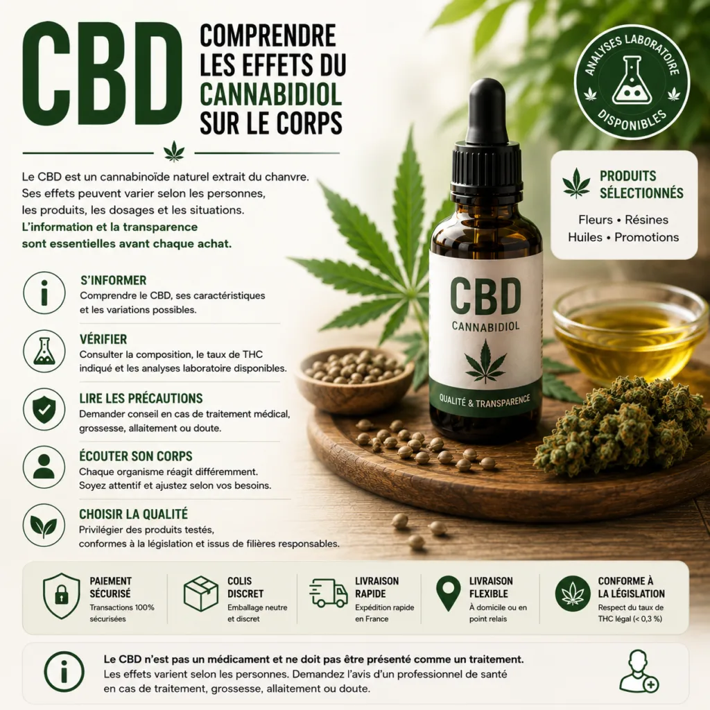Effets CBD cannabidiol sur le corps précautions analyses disponibles MJ Store
