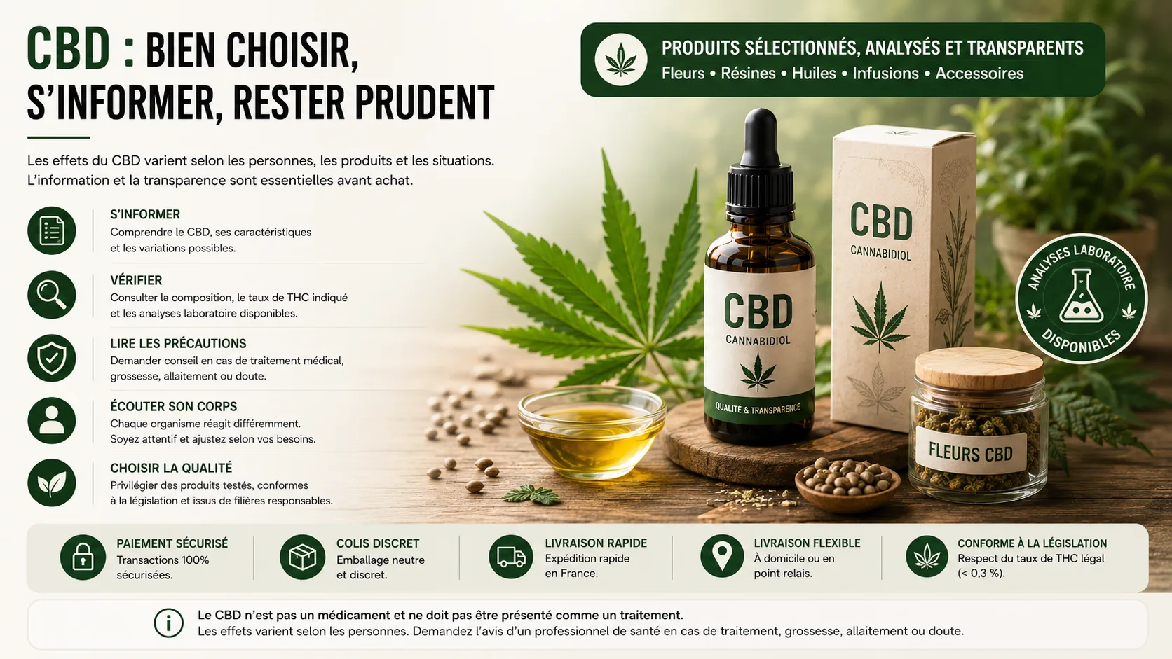 Effets CBD précautions avant achat produits analysés et informations transparentes MJ Store