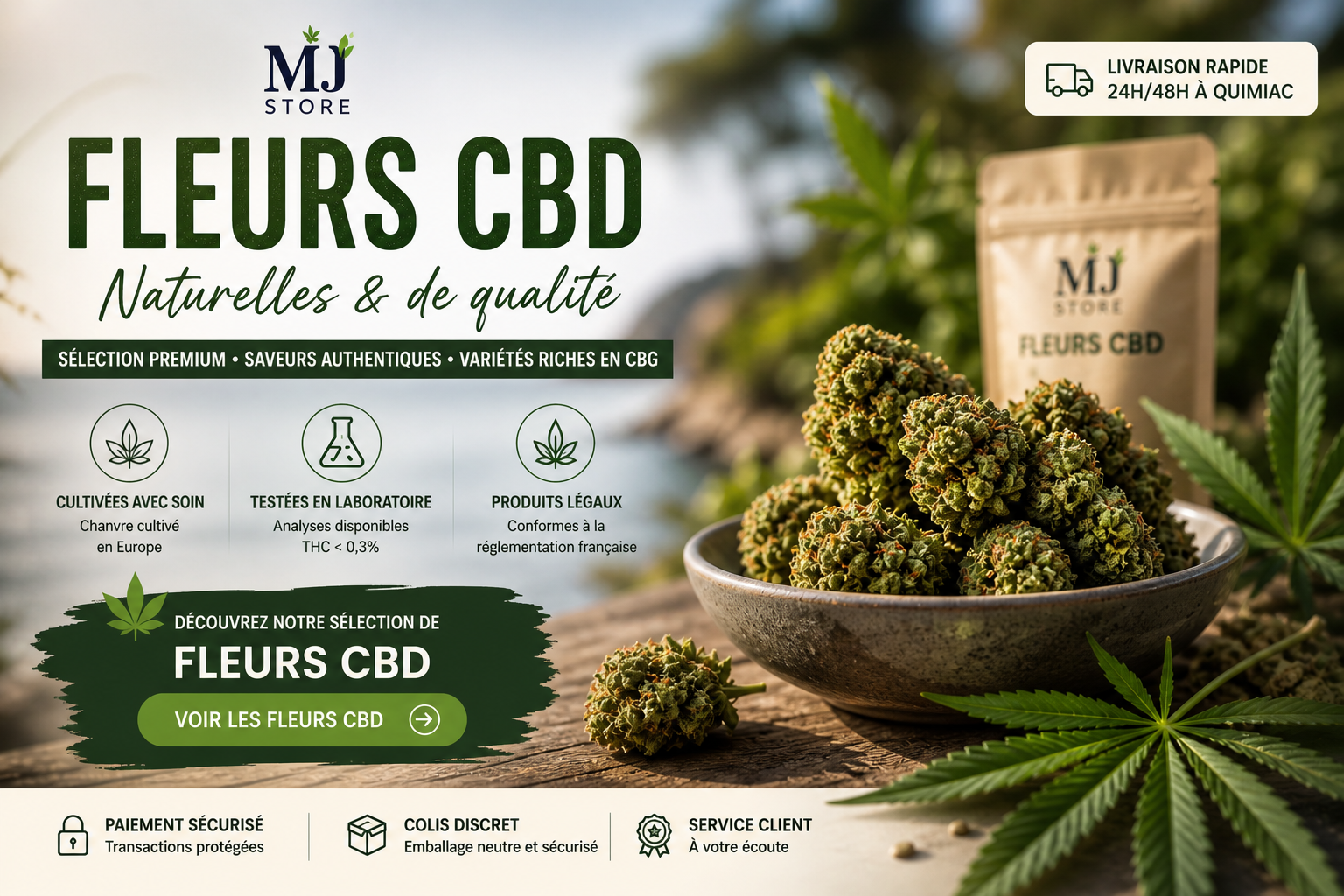 Fleurs CBD Quimiac avec livraison rapide 24/48h sélection contrôlée et analyses laboratoire MJ Store
