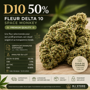 Fleur Space Monkey D10 50% fleur de chanvre analysée en laboratoire CBD 7.1% THC 0.17% MJ Store
