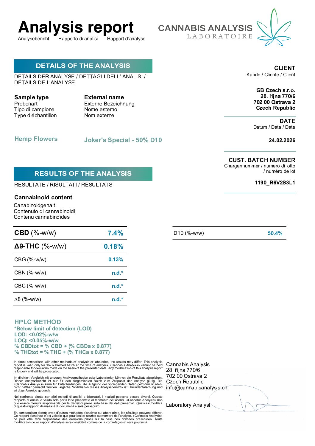 Certificat d’analyse Joker Special D10, lot 1190_R6V2S3L1