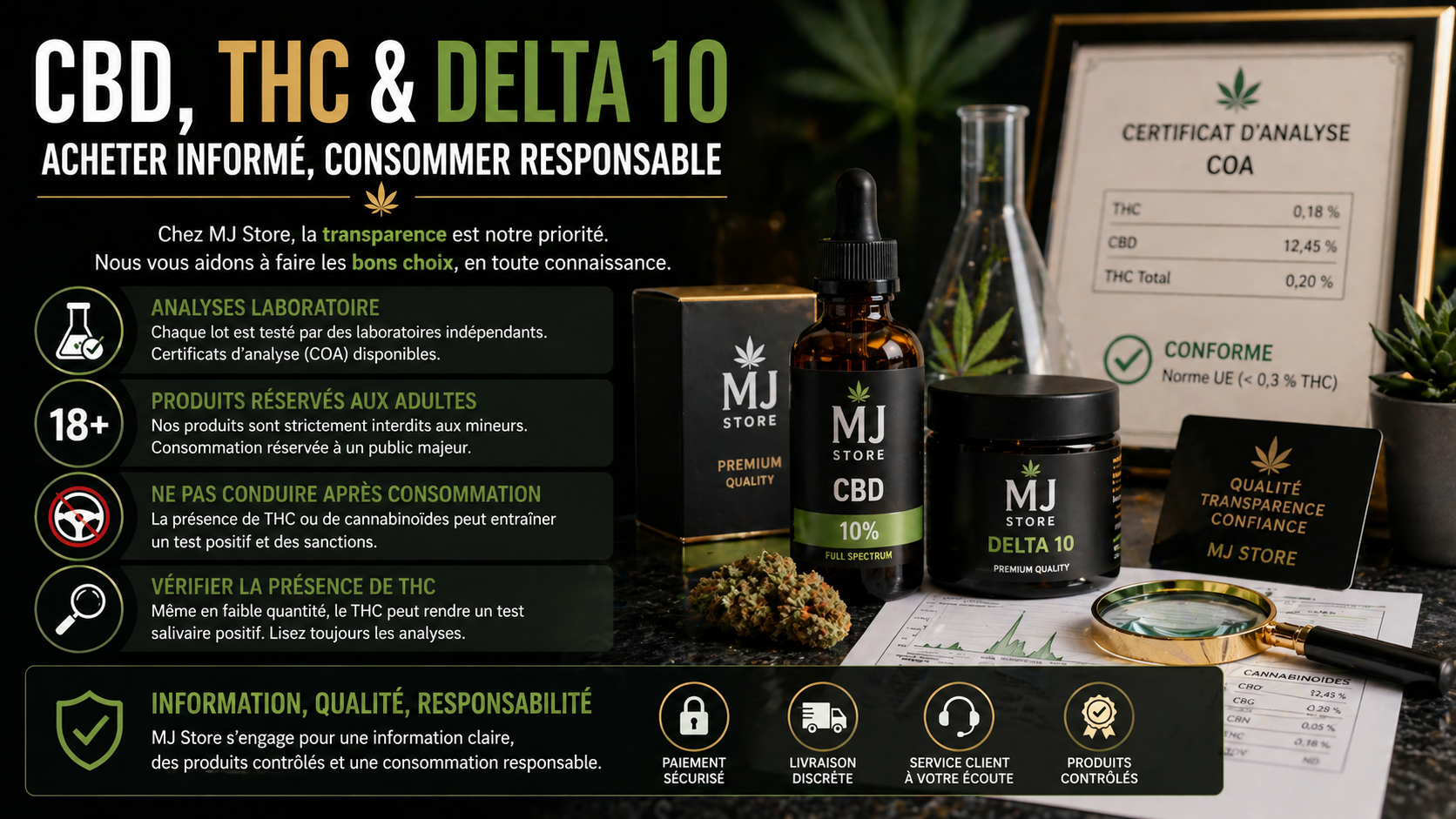 Analyses laboratoire CBD THC Delta 10 conduite responsable et transparence MJ Store
