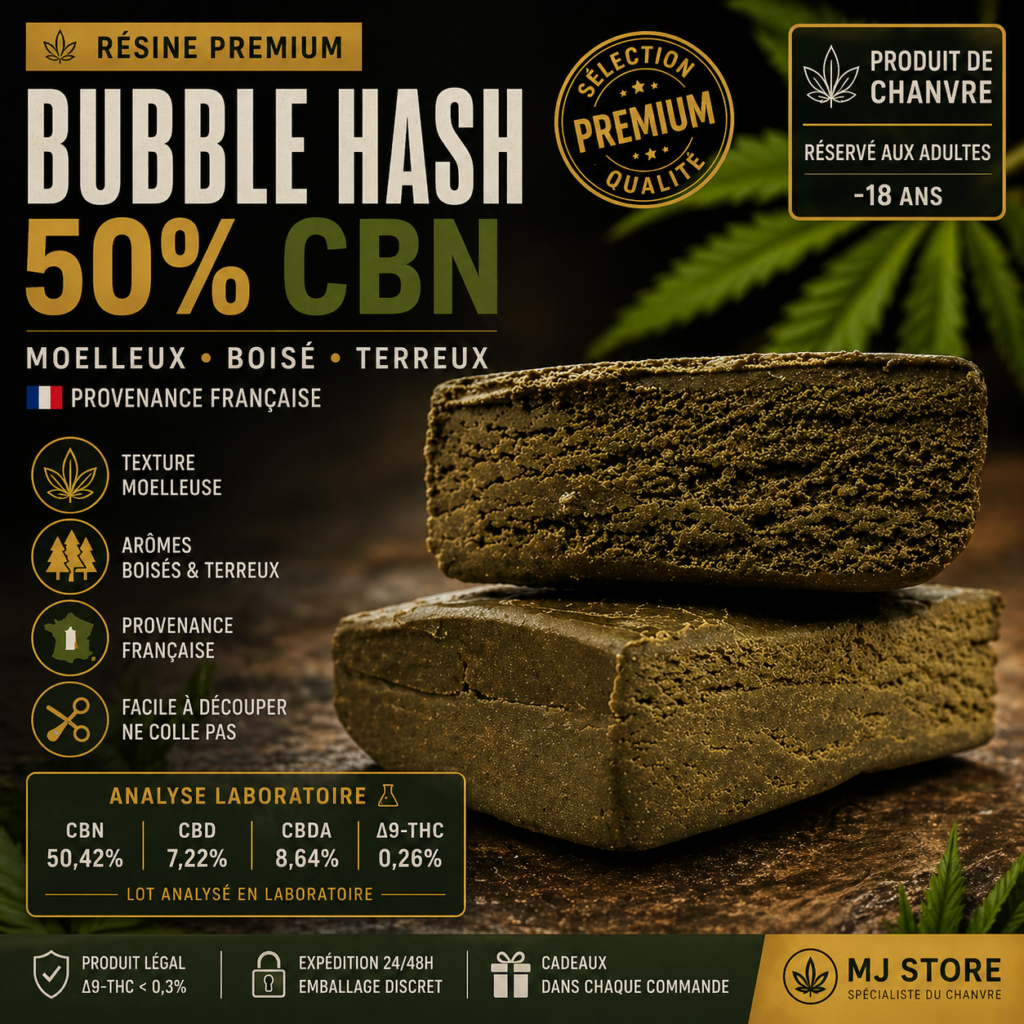 Image commerciale Bubble Hash CBN 50% résine premium MJ Store