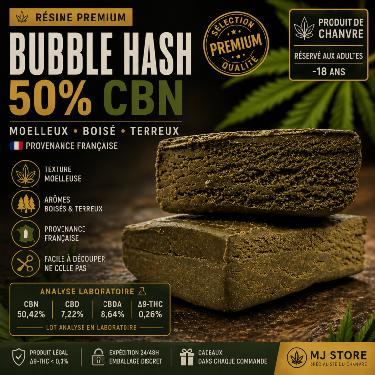 Image commerciale Bubble Hash CBN 50% résine premium MJ Store
