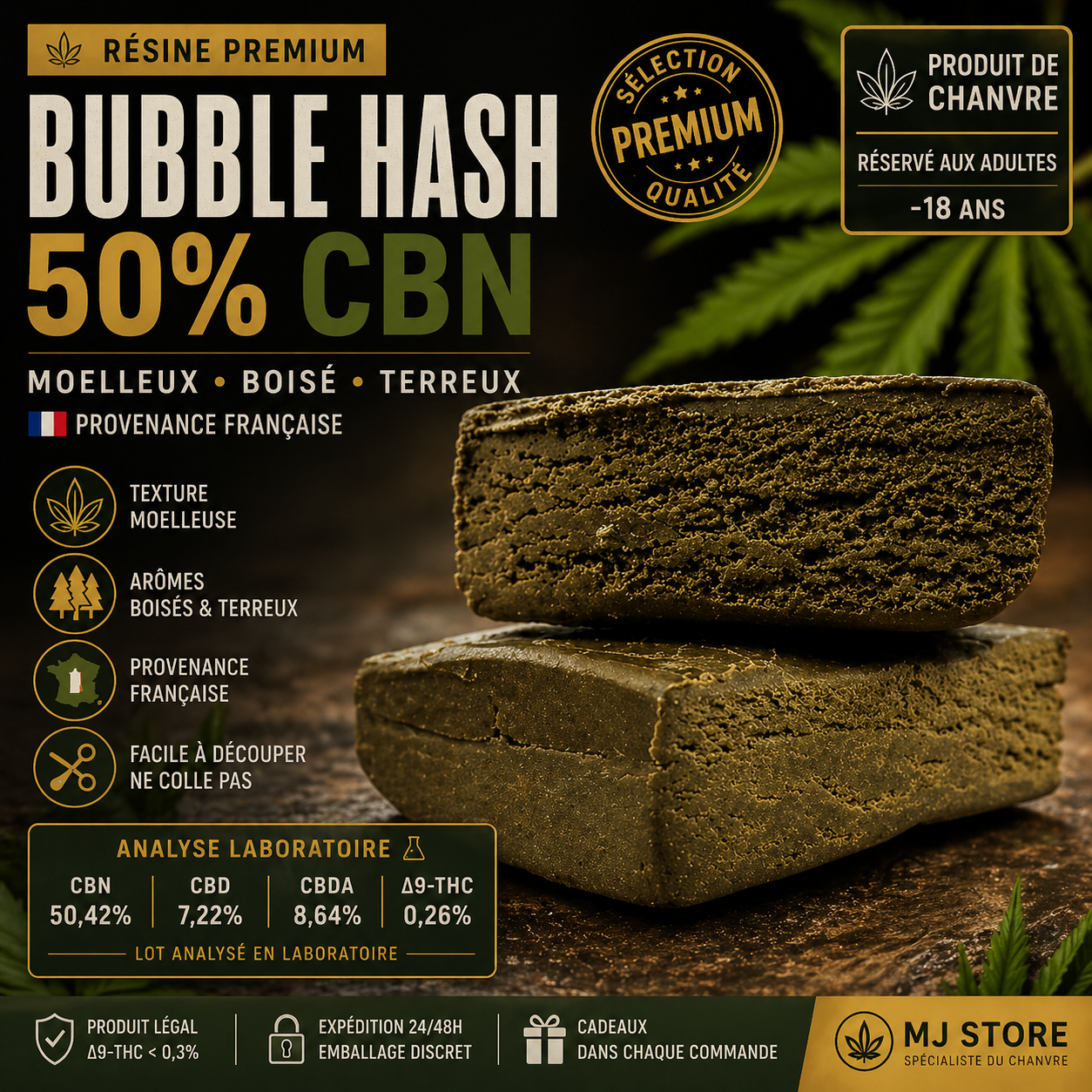 Résine CBN premium Bubble Hash CBN 50 analyse laboratoire MJ Store