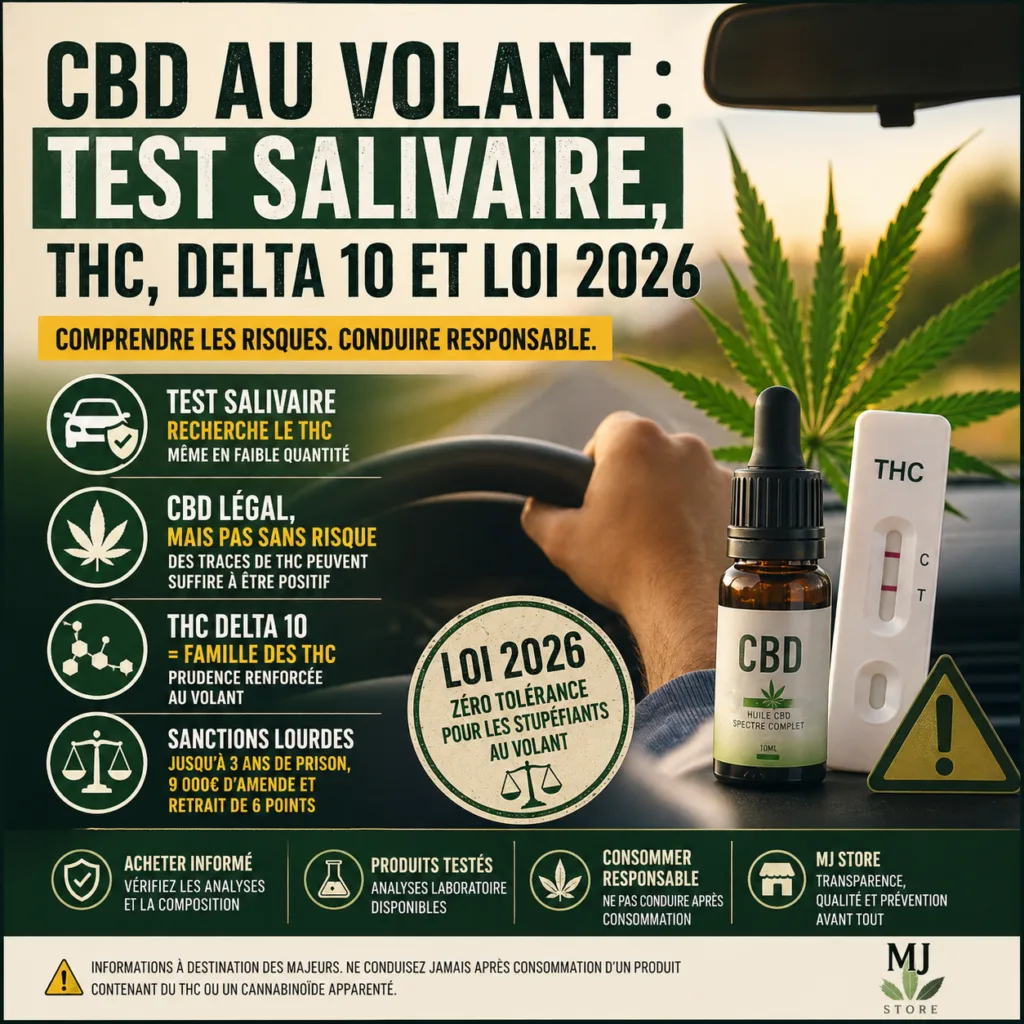 CBD au volant test salivaire THC Delta 10 loi 2026 risques conduite responsable MJ Store