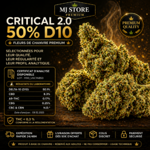 Critical 2.0 D10 50% fleur de chanvre analysée en laboratoire CBD 8.3% THC 0.17% MJ Store